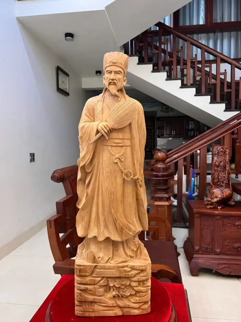 Tượng Khổng Minh Gỗ Ngọc Am Liền Khối Có Sơn Cao 80cm