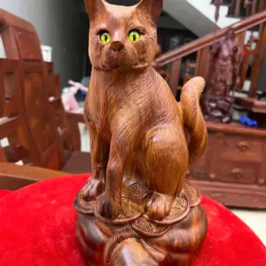 Tượng Mèo Ngồi Bao Tiền Gỗ Sưa Bắc Liền Khối Cao 28cm