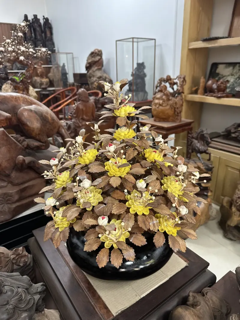 Bình Gỗ Hoa Mai Vàng, Lá Gỗ Sưa, Bình Gỗ Cẩm Tây Bắc MQ07