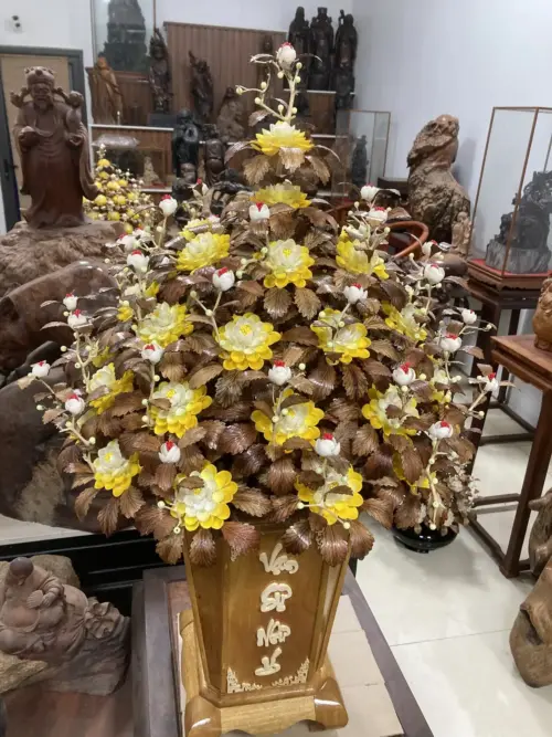 Bình Hoa Mai Vàng – Lá Gỗ Sưa, Bình Gỗ Cẩm Vàng G12