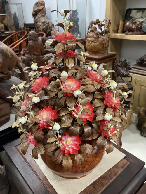 Bình Hoa Đỏ – Lá Gỗ Sưa, Bình Gỗ Hương Đá G13