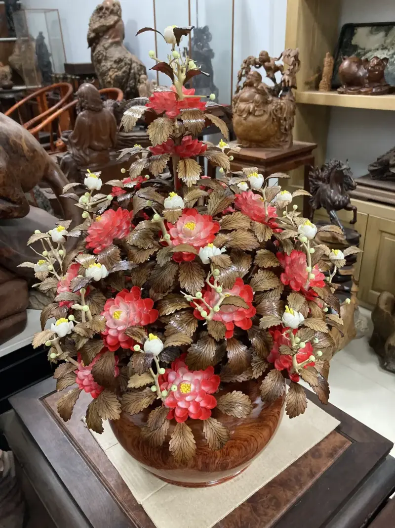 Bình Hoa Đỏ – Lá Gỗ Sưa, Bình Gỗ Hương Đá G13