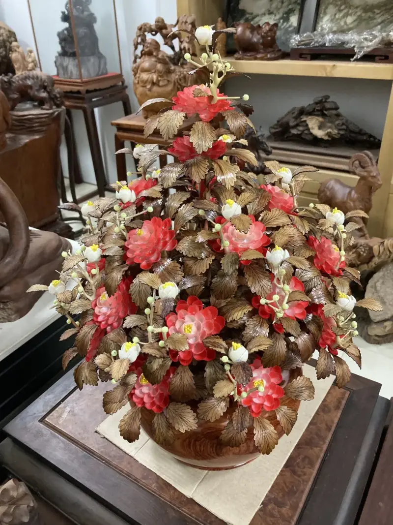 Bình Hoa Đỏ – Lá Gỗ Sưa, Bình Gỗ Hương Đá G13