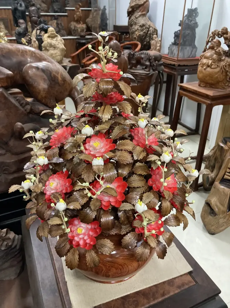 Bình Hoa Đỏ – Lá Gỗ Sưa, Bình Gỗ Hương Đá G13