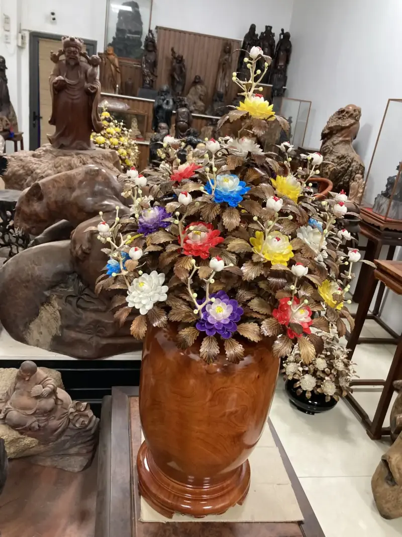 Bình Hoa Ngũ Sắc– Lá Gỗ Sưa, Bình Gỗ Hương Đá G15