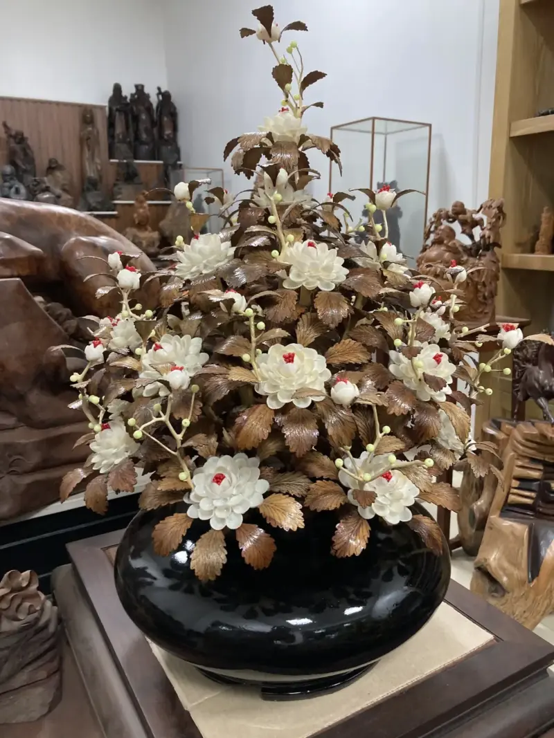 Bình Hoa Trắng Ban Mai Lá Gỗ Sưa, Bình Cẩm Tây Bắc G22