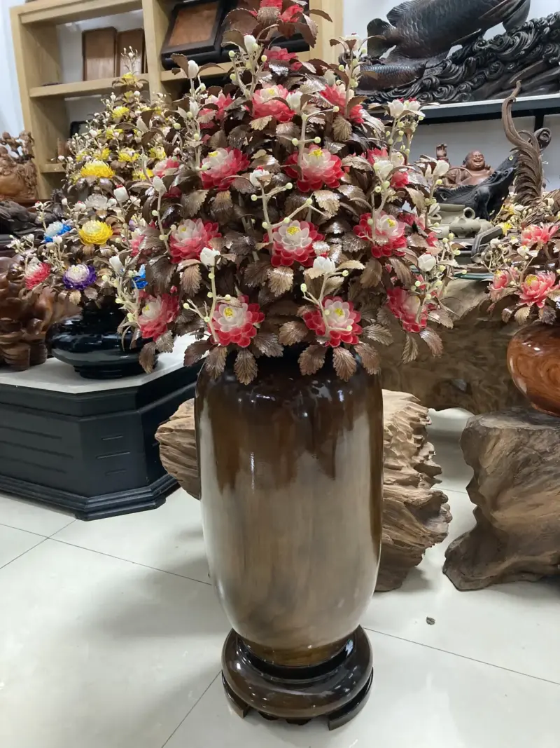 Bình Hoa Đỏ – Lá Gỗ Sưa, Bình Gỗ Mun Nam Phi G17