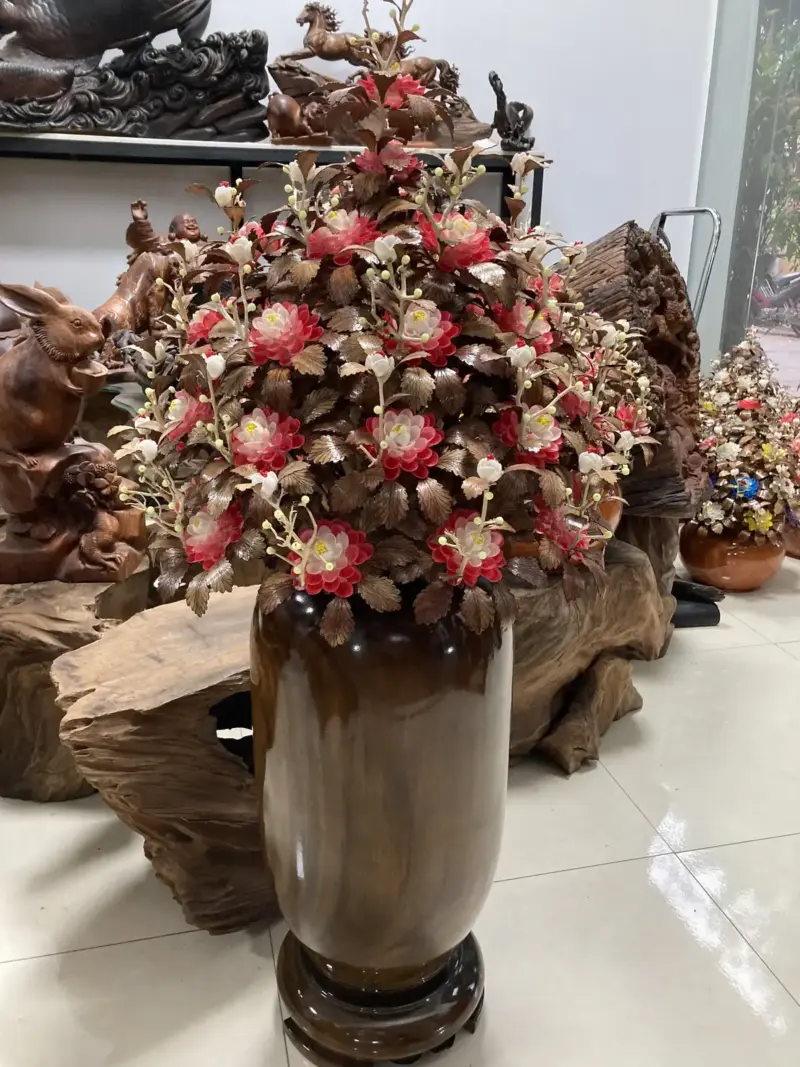 Bình Hoa Đỏ – Lá Gỗ Sưa, Bình Gỗ Mun Nam Phi G17