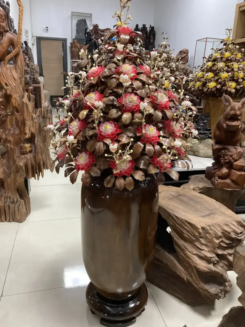 Bình Hoa Đỏ – Lá Gỗ Sưa, Bình Gỗ Mun Nam Phi G17