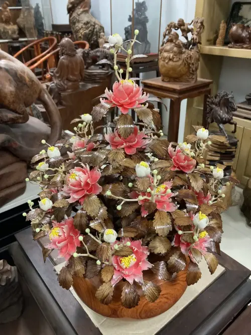 Bình Hoa Đỏ – Lá Gỗ Sưa, Bình Gỗ Hương Đá G21