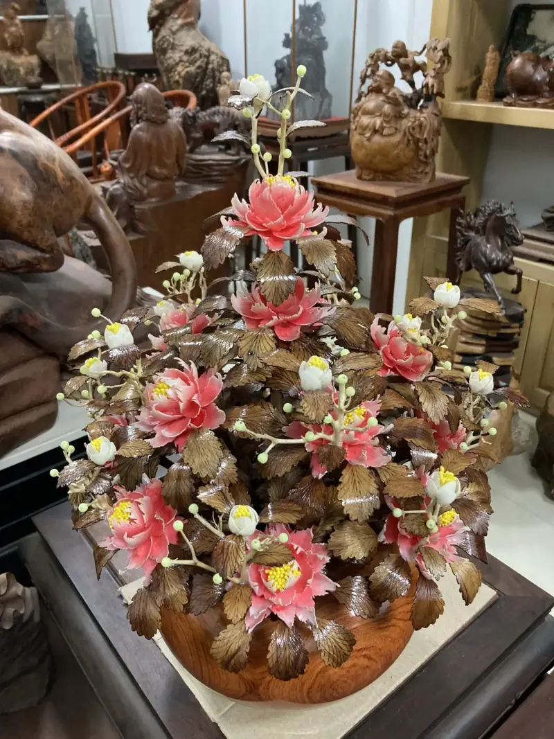 Bình Hoa Đỏ – Lá Gỗ Sưa, Bình Gỗ Hương Đá G21