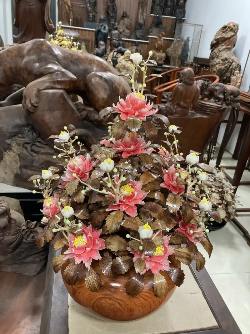 Bình Hoa Đỏ – Lá Gỗ Sưa, Bình Gỗ Hương Đá G21