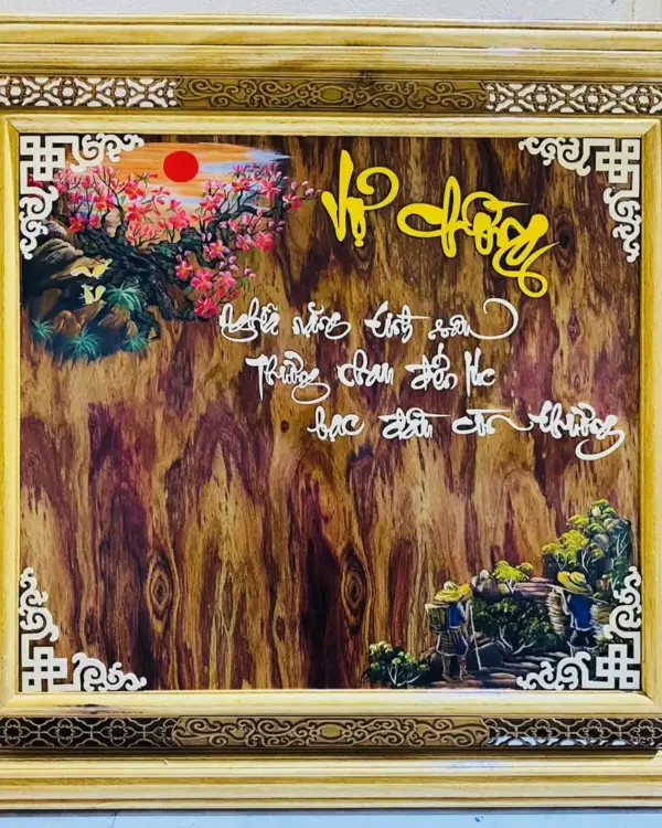Tranh Gỗ Treo Tường Vợ Chồng, Gia Đình, Quê Hương Gỗ Sưa - Khung Gỗ Cẩm Vàng 2 Khung