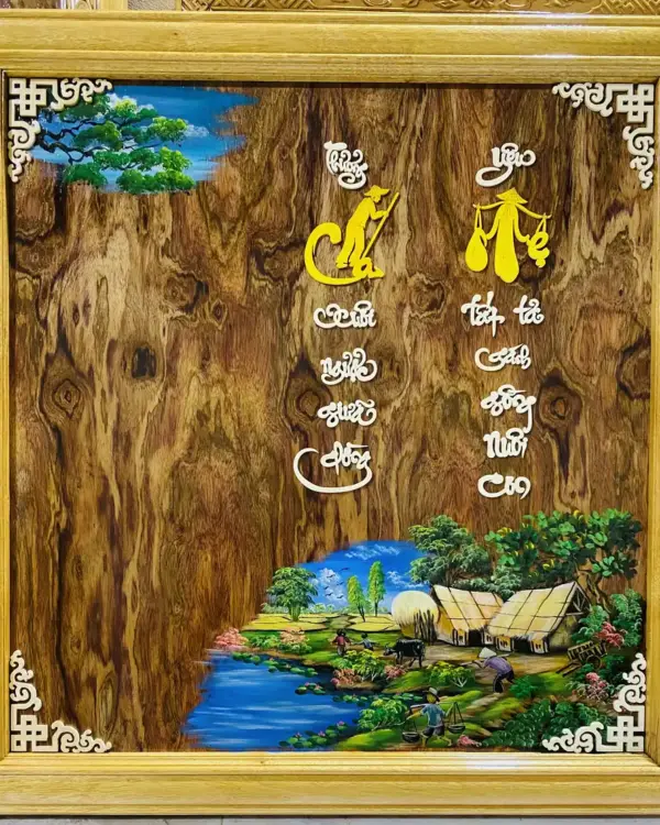 Tranh Gỗ Treo Tường Vợ Chồng, Gia Đình, Quê Hương Gỗ Sưa - Khung Gỗ Cẩm Vàng