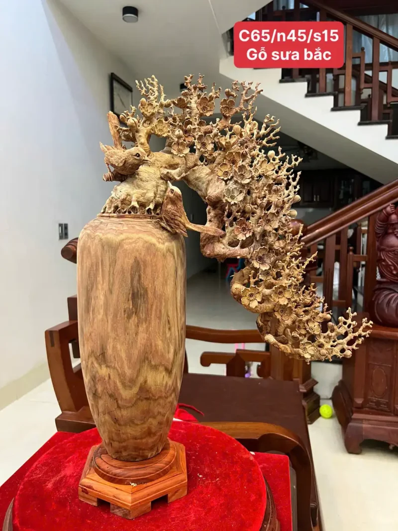 binh-phu-quy-G6218-1 Bình Phú Quý Mai Điểu Gỗ Sưa Bắc Liền Khối Có Sơn G6218