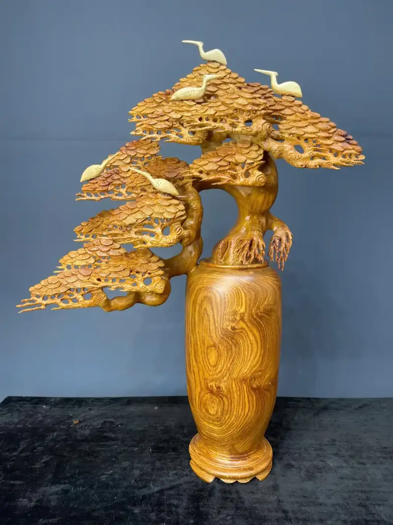 binh-tung-hac-dien-nien-go-huong-ta-G5467-1 Tượng Bình Tùng Hạc Diên Niên Gỗ Hương Ta Liền Khối G5467