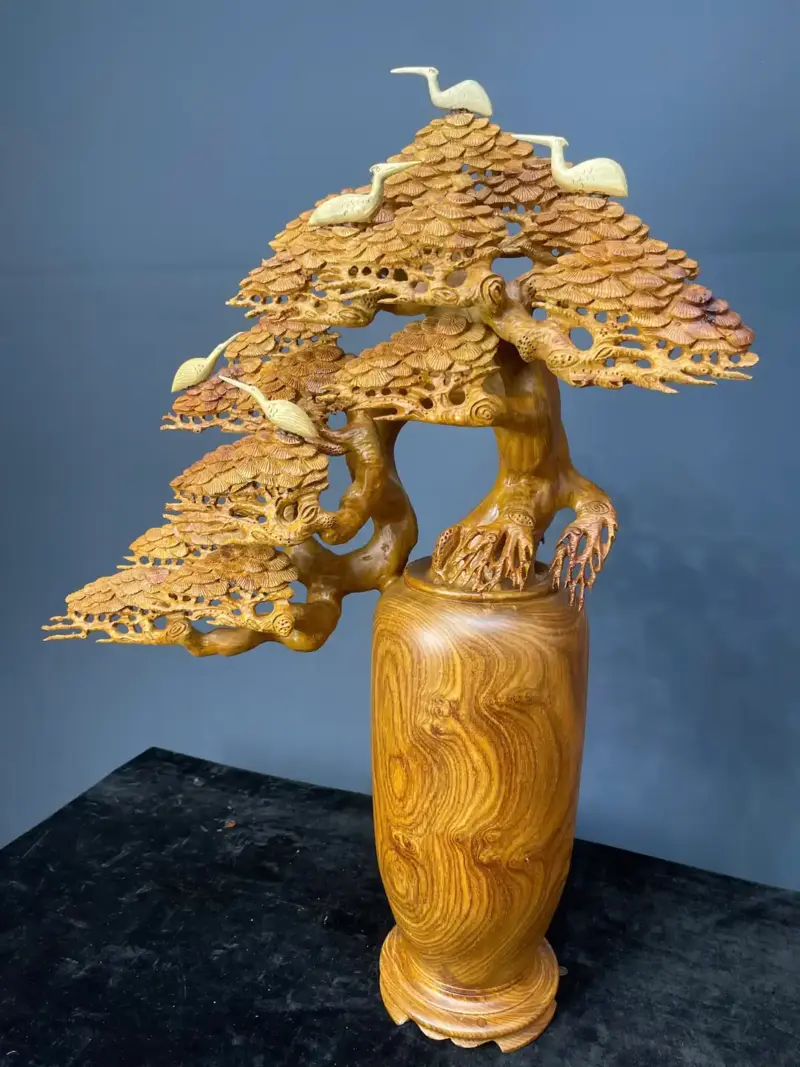 binh-tung-hac-dien-nien-go-huong-ta-G5467-2 Tượng Bình Tùng Hạc Diên Niên Gỗ Hương Ta Liền Khối G5467