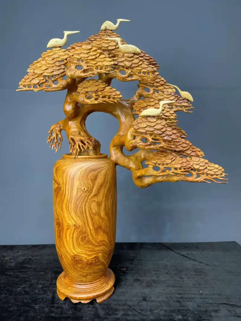 binh-tung-hac-dien-nien-go-huong-ta-G5468-1 Tượng Bình Tùng Hạc Diên Niên Gỗ Hương Ta Liền Khối G5468