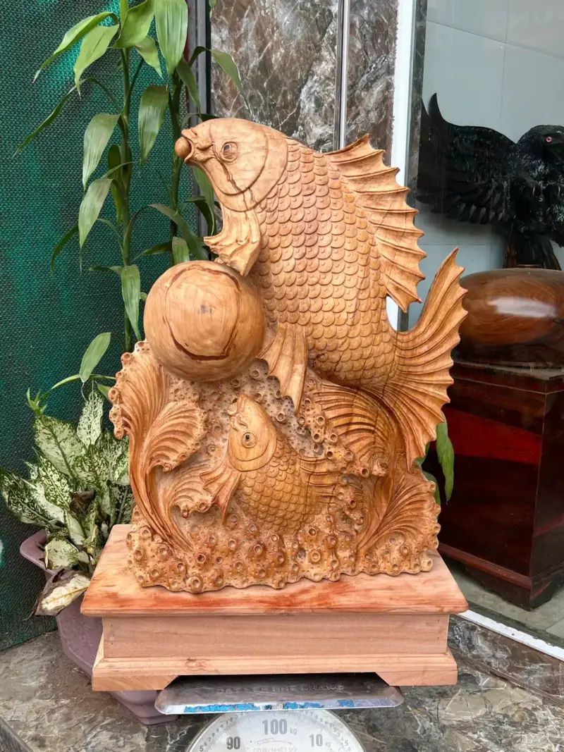 ca-chep-go-G5797-2 Tượng Cá Chép Gỗ Ngọc Am Thơm Nức Hàng Kỹ Nét Liền Khối G5797