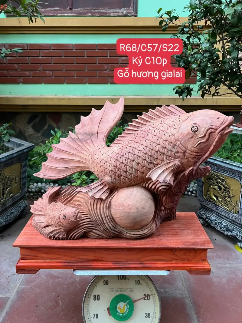 ca-chep-mau-G6390-1 Tượng Cá Chép Mẫu Tử Gỗ Hương Gia Lai To Nặng Liền Khối Có Sơn Tặng Kèm Kỷ Như Hình G6390