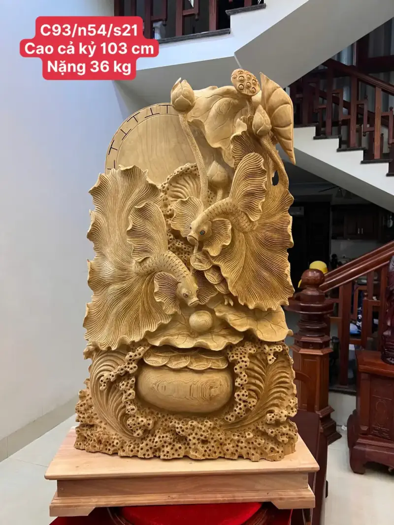 ca-xiem-go-G5582-1 Tượng Cá Xiêm Gỗ Ngọc Am To Nặng Liền Khối G5582