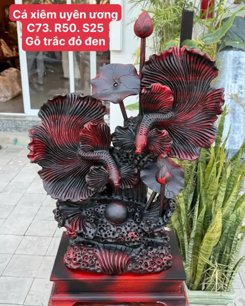 ca-xiem-uyen-G5640-1 Tượng Cá Xiêm Uyên Ương Gỗ Trắc Ta Đỏ Đen Hàng Kỹ Nét G5640