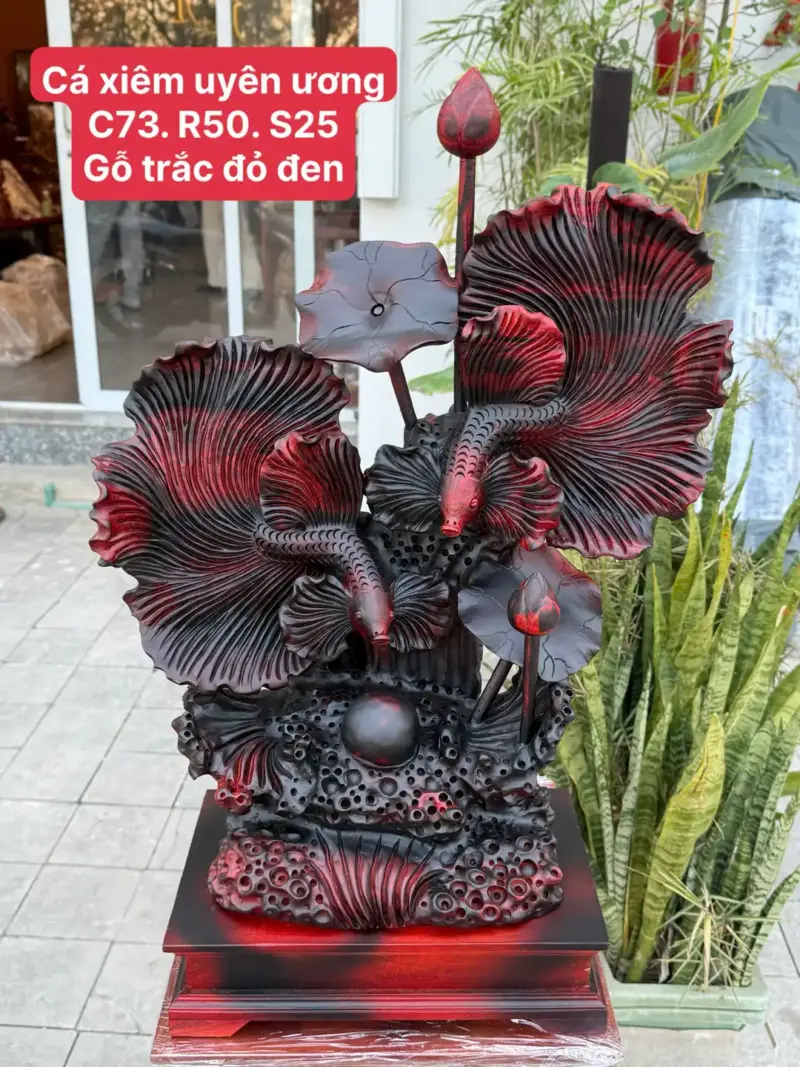 ca-xiem-uyen-G5640-1 Tượng Cá Xiêm Uyên Ương Gỗ Trắc Ta Đỏ Đen Hàng Kỹ Nét G5640