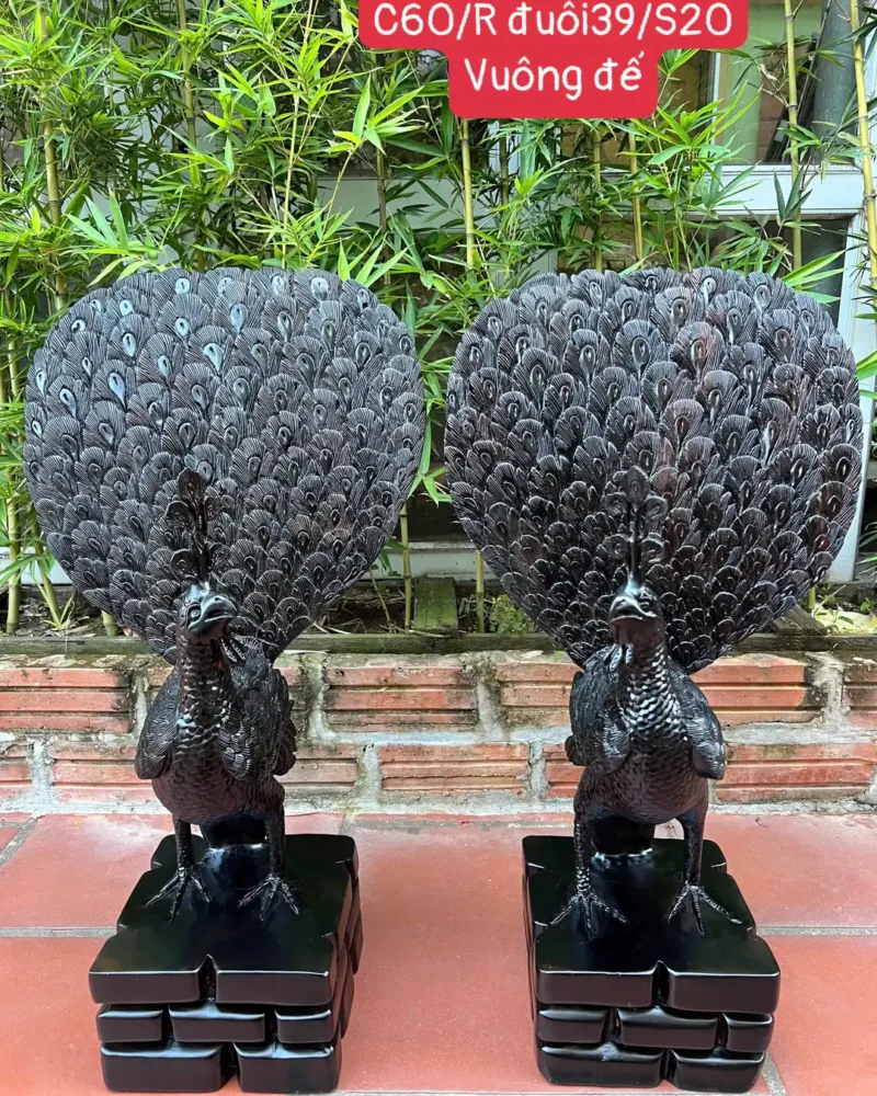 cap-chim-cong-G5863-1 Tượng Cặp Chim Công Uyên Ương Để Bàn Tủ Kệ Gỗ Mun Hoa Hàng Kỹ Liền Khối G5863
