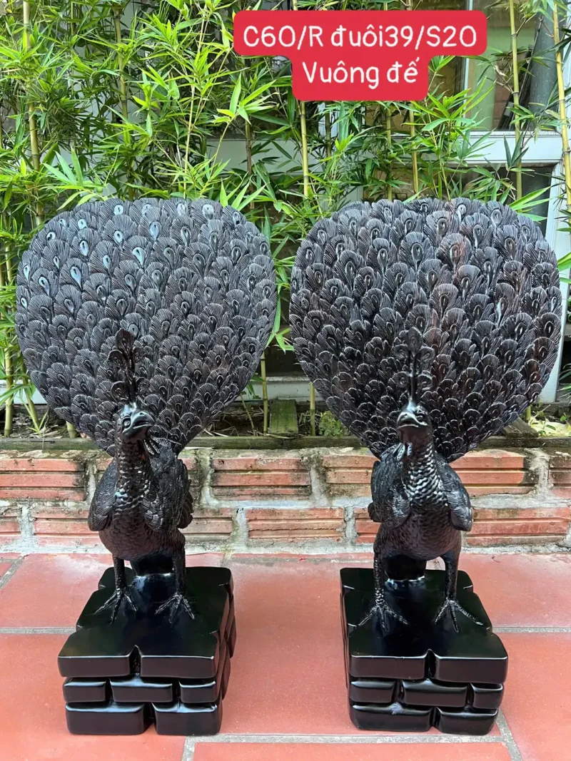 cap-chim-cong-G5863-1 Tượng Cặp Chim Công Uyên Ương Để Bàn Tủ Kệ Gỗ Mun Hoa Hàng Kỹ Liền Khối G5863