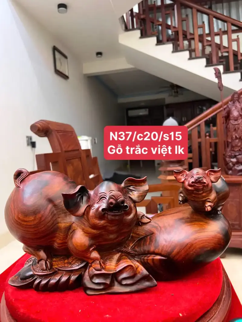 cap-heo-go-G5459-1 Tượng Cặp Heo Gỗ Trắc Việt Liền Khối Gỗ Đẹp G5459