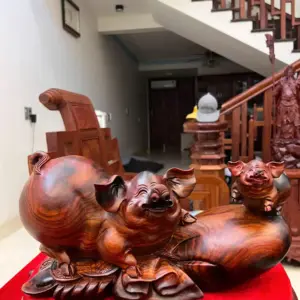 cap-heo-go-G5459-2 Tượng Cặp Heo Gỗ Trắc Việt Liền Khối Gỗ Đẹp G5459