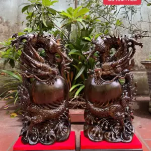 cap-rong-nha-G5604-1 Tượng Cặp Rồng Nhả Ngọc Gỗ Mun Hoa Hàng Kỹ Liền Khối G5604