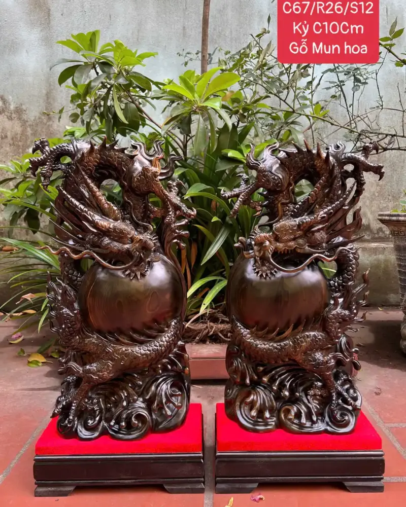 cap-rong-nha-G5604-1 Tượng Cặp Rồng Nhả Ngọc Gỗ Mun Hoa Hàng Kỹ Liền Khối G5604