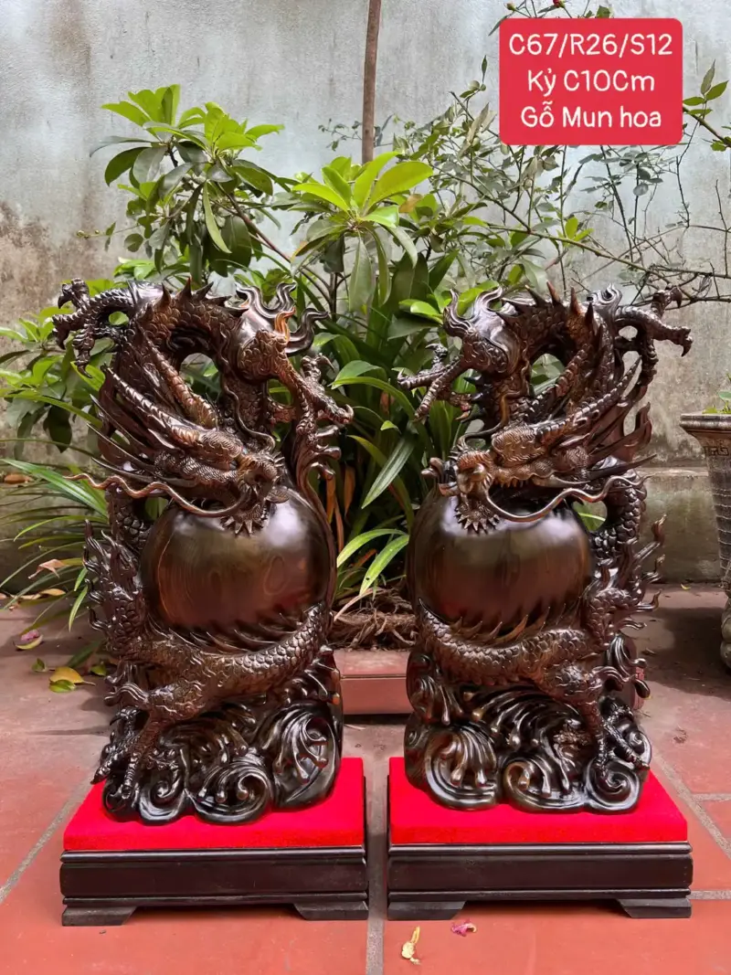 cap-rong-nha-G5604-1 Tượng Cặp Rồng Nhả Ngọc Gỗ Mun Hoa Hàng Kỹ Liền Khối G5604