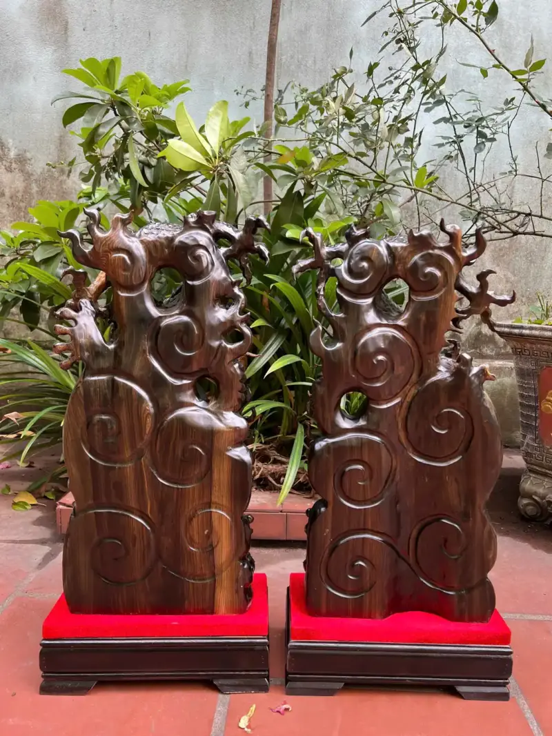cap-rong-nha-G5604-2 Tượng Cặp Rồng Nhả Ngọc Gỗ Mun Hoa Hàng Kỹ Liền Khối G5604