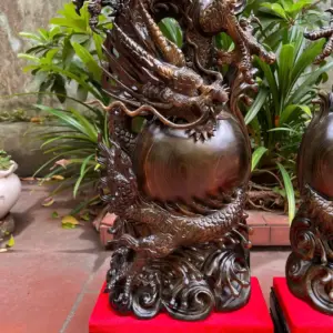cap-rong-nha-G5604-4 Tượng Cặp Rồng Nhả Ngọc Gỗ Mun Hoa Hàng Kỹ Liền Khối G5604