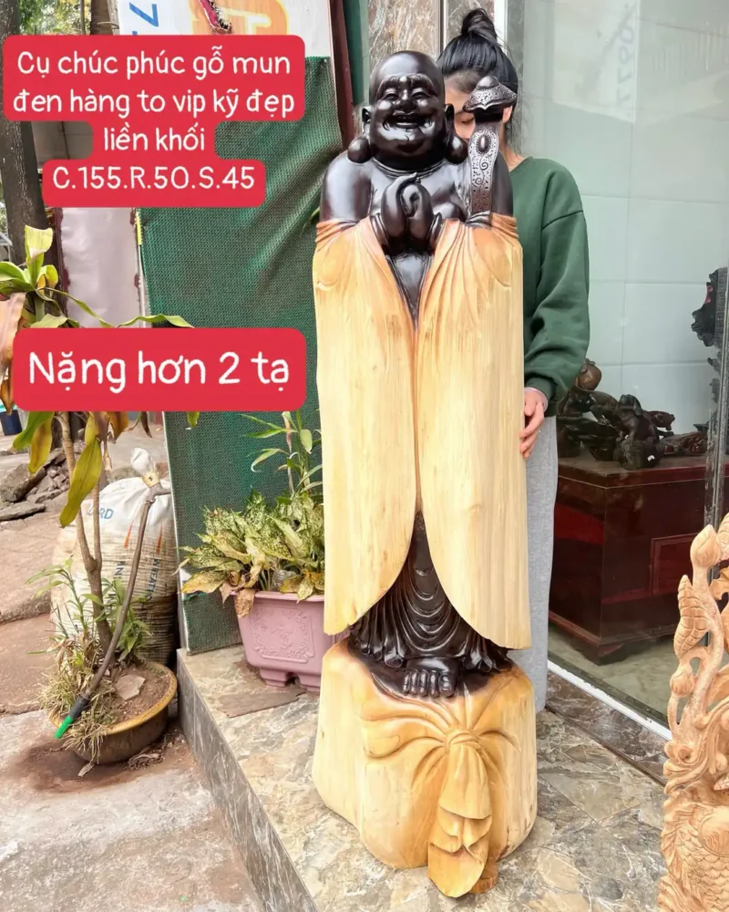 cu-chuc-phuc-G6369-1 Tượng Cụ Chúc Phúc Gỗ Mun Đen Hàng To Kỹ Nét Liền Khối G6369
