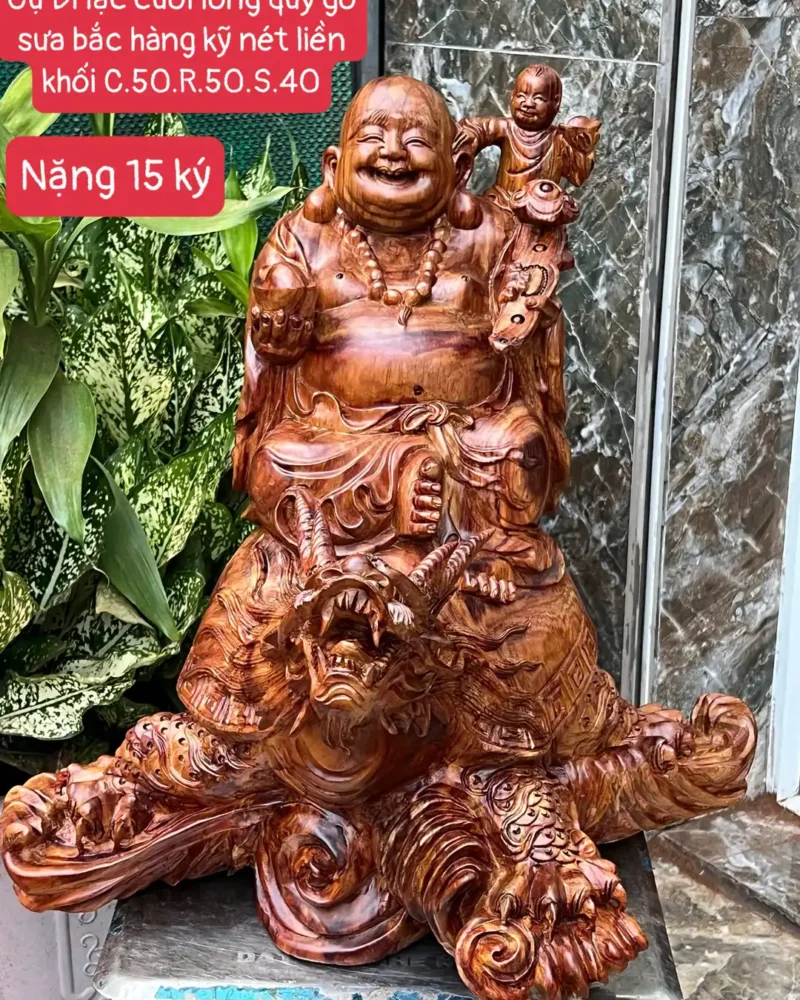 cu-di-lac-G6052-1 Tượng Cụ Di Lạc Cưỡi Long Quy Gỗ Sưa Đỏ Tía Hàng Kỹ Nét Liền Khối G6052