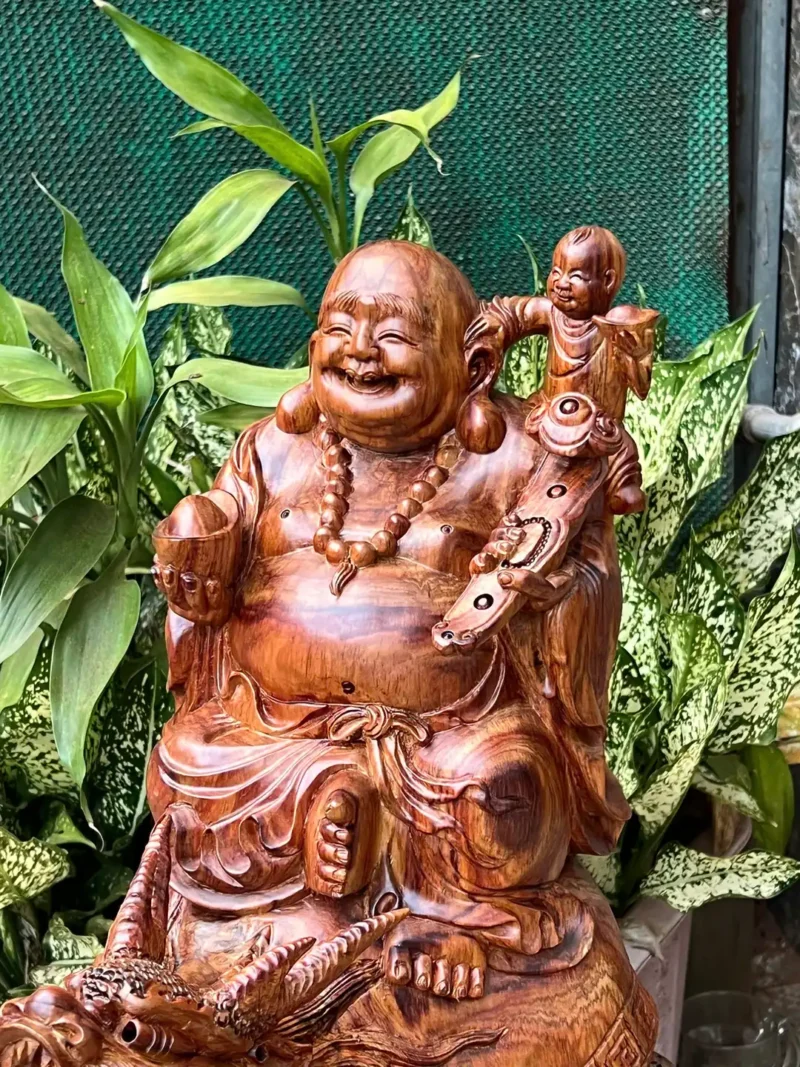 cu-di-lac-G6052-2 Tượng Cụ Di Lạc Cưỡi Long Quy Gỗ Sưa Đỏ Tía Hàng Kỹ Nét Liền Khối G6052