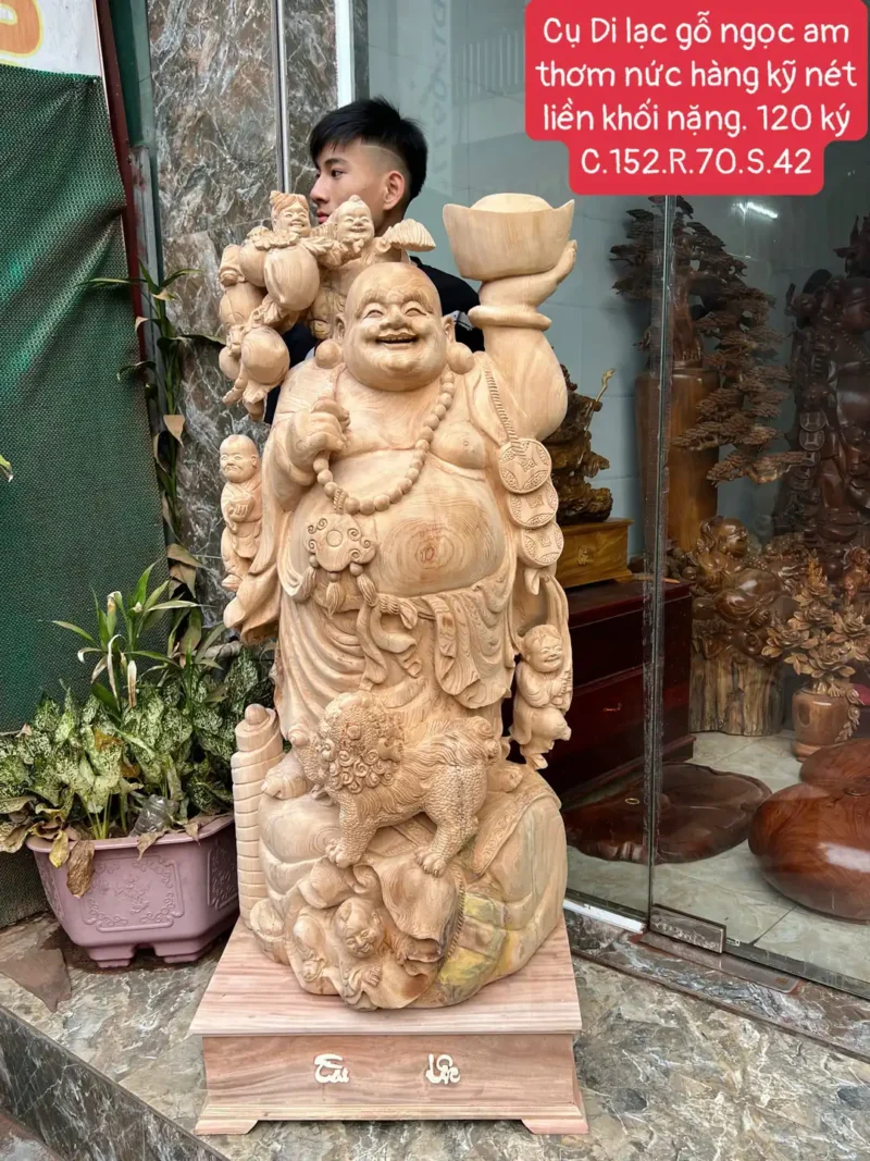 cu-gi-lac-G5938-1 Tượng Cụ Di Lạc Gỗ Ngọc Am Thơm Nức Hàng To Vip Kỹ Nét Liền Khối G5938