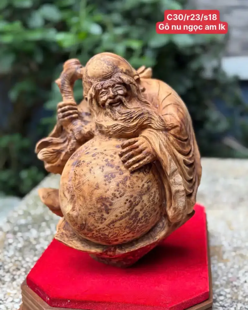 cu-tho-om-ao-tien-go-nu-ngoc-G5760-1 Tượng Cụ Thọ Ôm Đào Tiên Gỗ Nu Ngọc Am Liền Khối Mới Xong Mộc Đẹp G5760