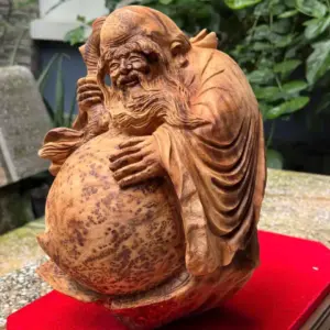 cu-tho-om-ao-tien-go-nu-ngoc-G5760-2 Tượng Cụ Thọ Ôm Đào Tiên Gỗ Nu Ngọc Am Liền Khối Mới Xong Mộc Đẹp G5760