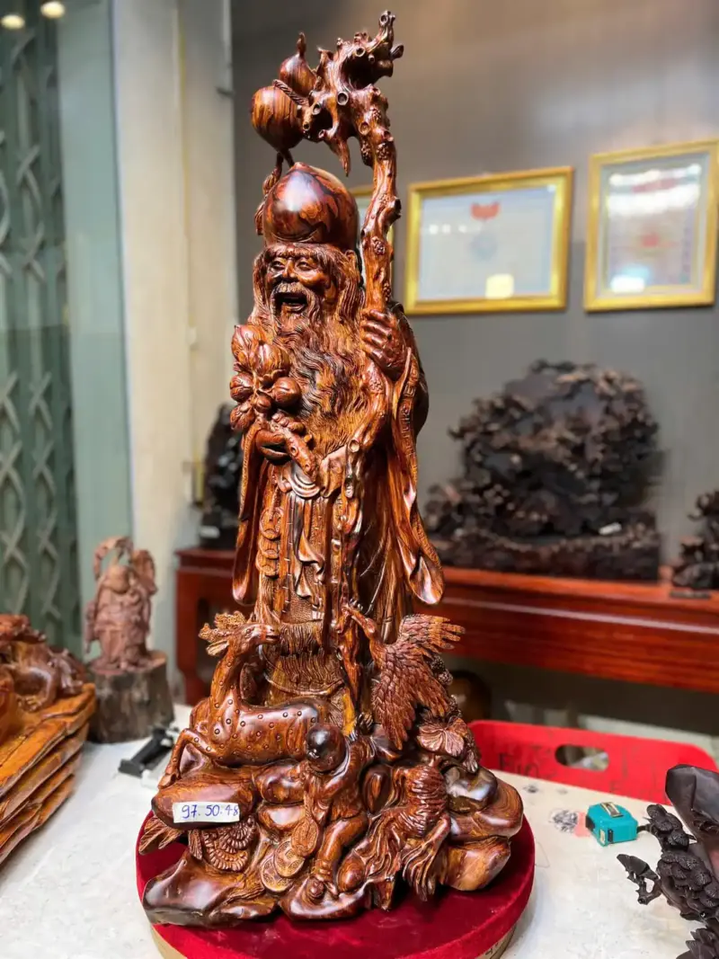 cu-tho-tien-G5719-3 Tượng Cụ Thọ Tiên Gỗ Cẩm Vân Chỉ Đen Phần Trên Liền Khối Có Kê Thêm 1 Chút Đế Cho Cân Dáng G5719