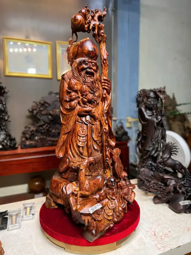 cu-tho-tien-G5719-4 Tượng Cụ Thọ Tiên Gỗ Cẩm Vân Chỉ Đen Phần Trên Liền Khối Có Kê Thêm 1 Chút Đế Cho Cân Dáng G5719