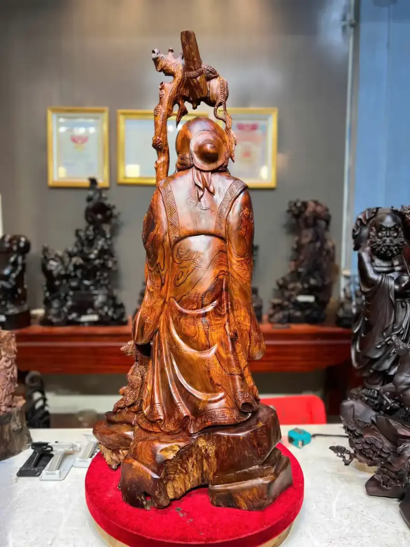 cu-tho-tien-G5719-6 Tượng Cụ Thọ Tiên Gỗ Cẩm Vân Chỉ Đen Phần Trên Liền Khối Có Kê Thêm 1 Chút Đế Cho Cân Dáng G5719