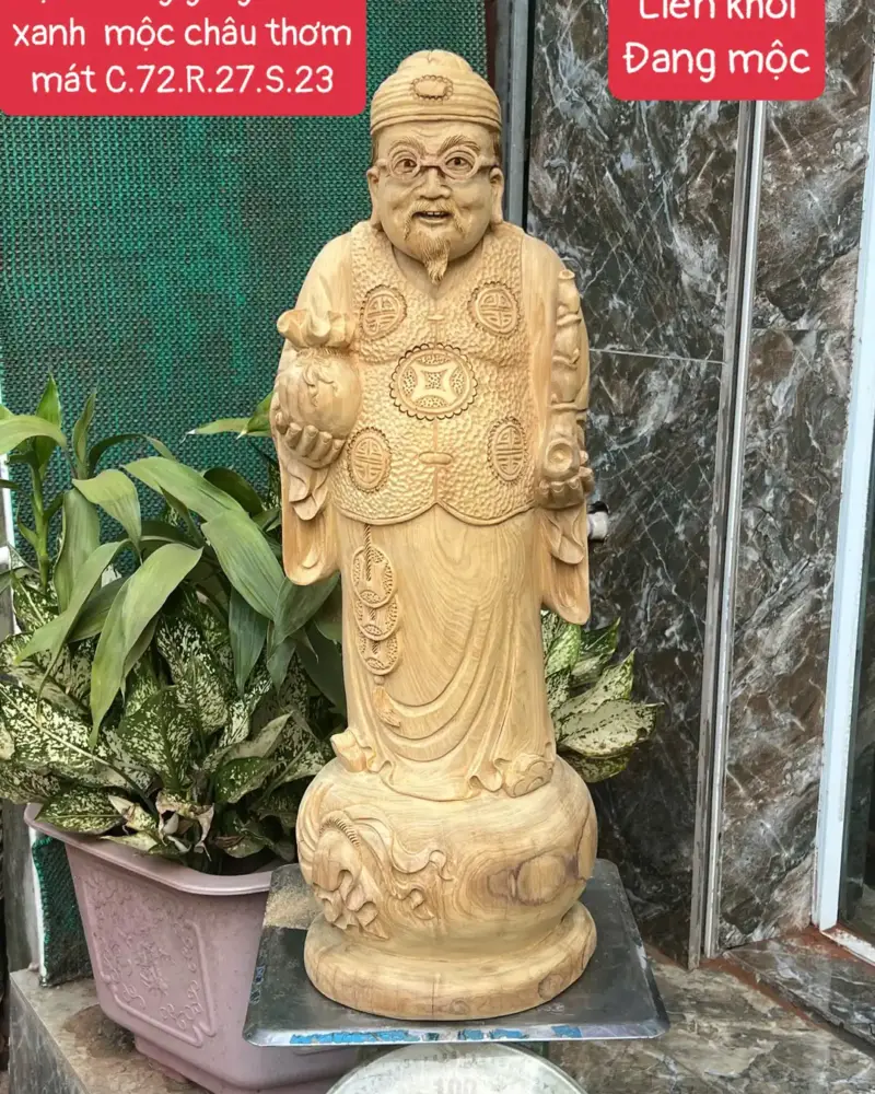 Tượng Cụ Thương Gia Gỗ Bách Xanh Thơm Mát Hàng Kỹ Nét Liền Khối G5669