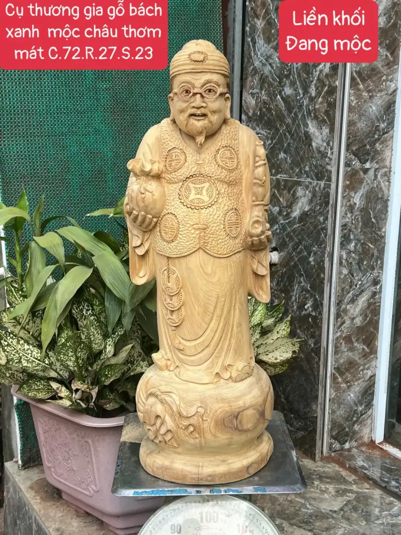 cu-thuong-gia-G5669-1 Tượng Cụ Thương Gia Gỗ Bách Xanh Thơm Mát Hàng Kỹ Nét Liền Khối G5669