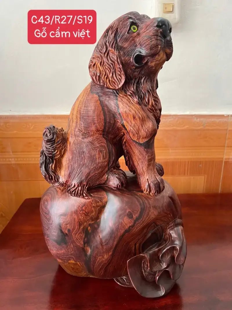 cun-ngoi-bao-G5287-1 Tượng Cún Ngồi Bao Tiền Hàng Kỹ Tỉa Lông Gỗ Cẩm Siêu Vân Liền Khối G5287