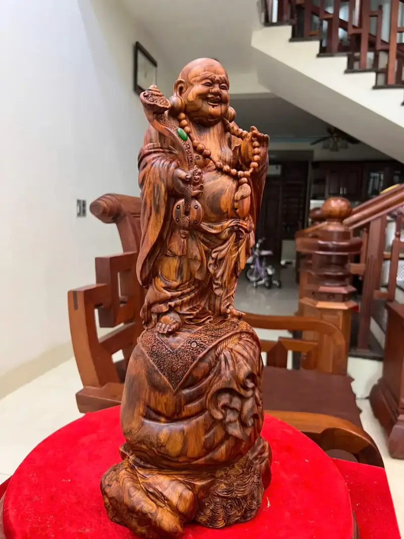 di-lac-go-G5461-5 Tượng Di Lặc Gỗ Sưa Bắc Đỏ Liền Khối Vân Tím Lịm G5461