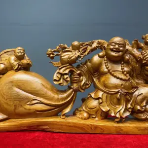 di-lac-keo-bao-tien-go-huong-ta-G5419-1 Tượng Di Lặc Kéo Bao Tiền Gỗ Hương Ta Liền Khối G5419